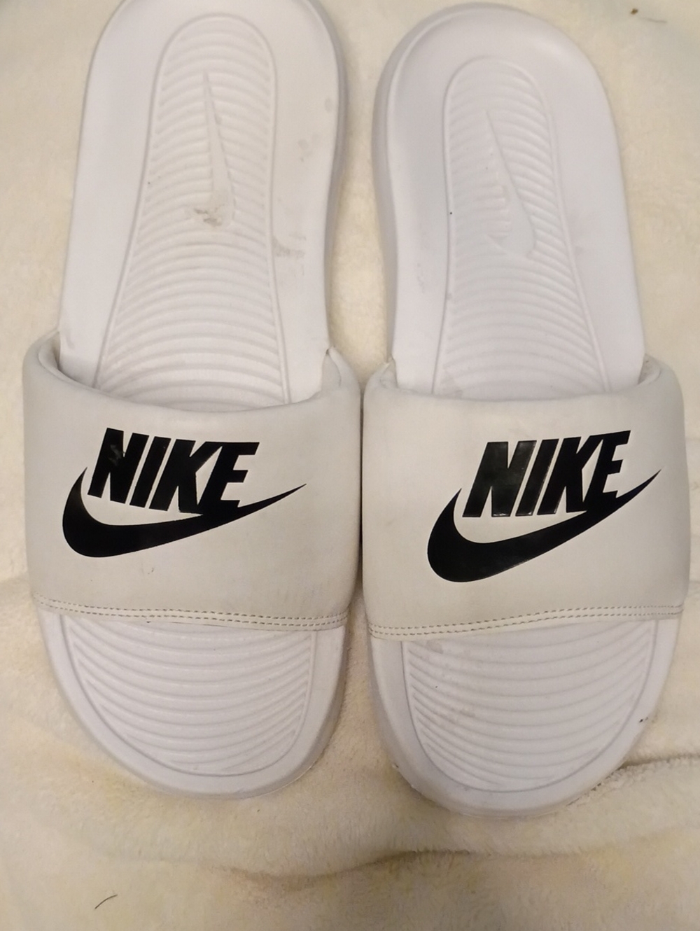 Nike White Slide Sandals with Black Logo Swoosh